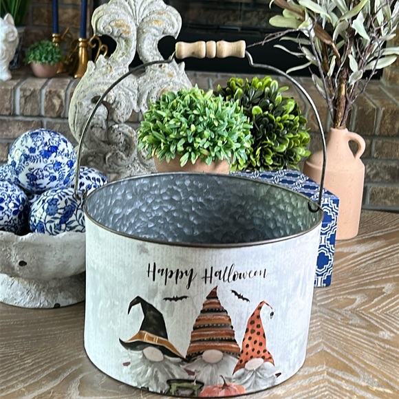 Other - NEW! Cottage Farmhouse Enchanted Gnome Distressed Metal Halloween Bucket Basket